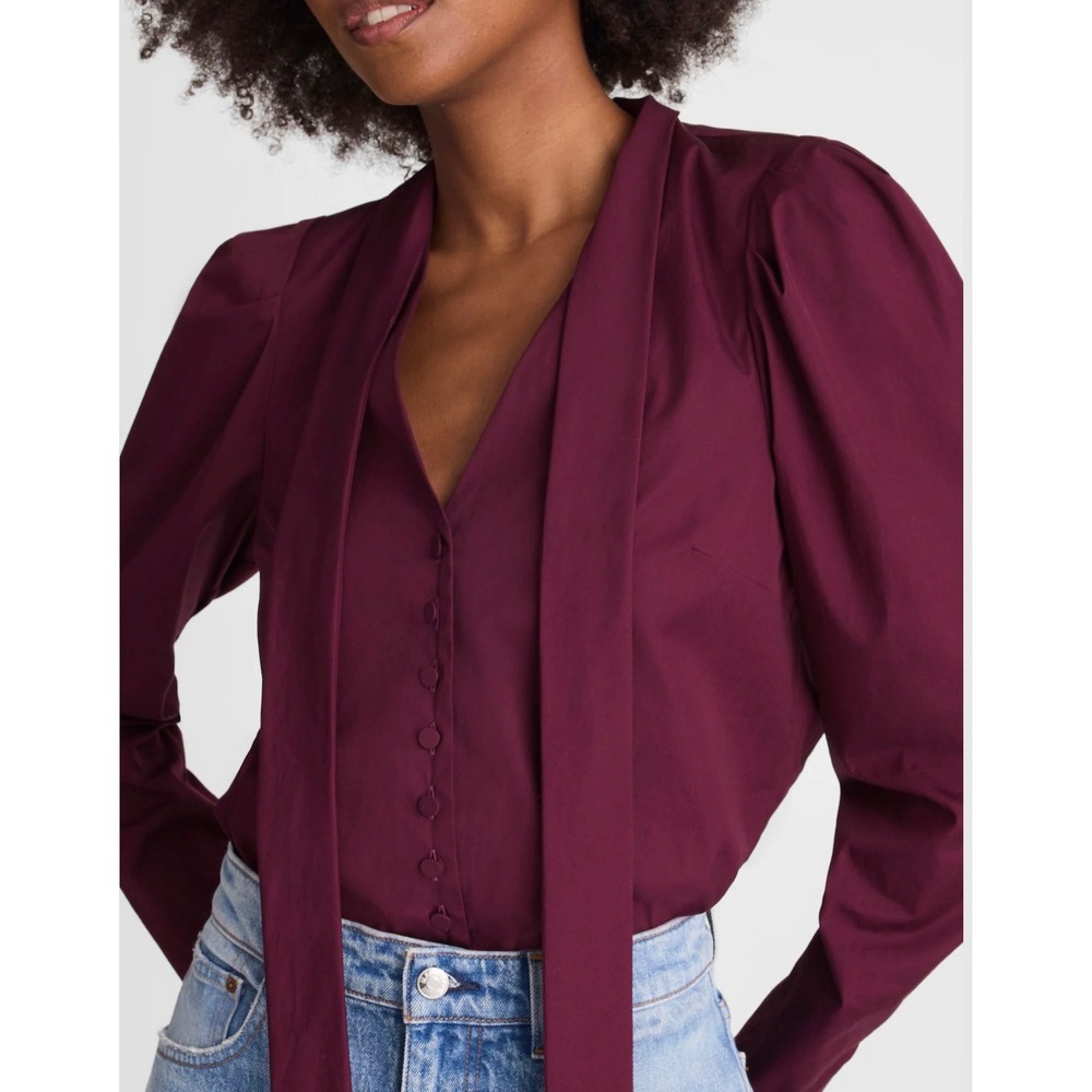 Madewell Women's V-Neck Button Front Removable Tie Neck Plum Wine Blouse XL New